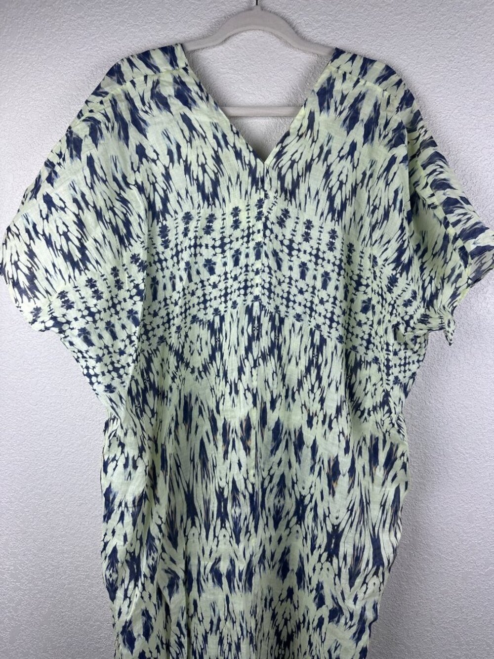Zara 100% Ramie Abstract Print Kaftan Tunic Dress XL Blue Ivory Boho Beachy - Picture 9 of 11